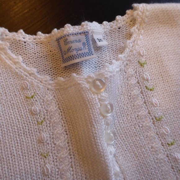 Emma Morgan Baby Girl 3 MO White Knit Sweater Cardigan w/ Tiny Emboridery Roses - Picture 6 of 9